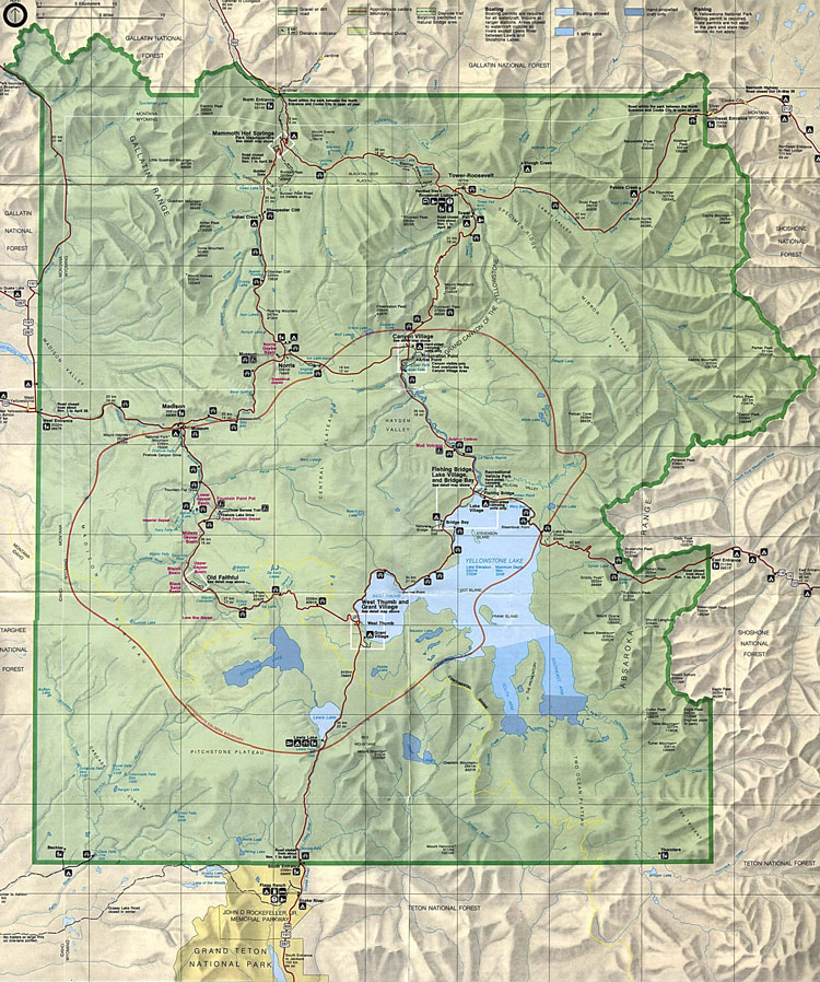 Figure 1.3: This is a planimetric map of Yellowstone National Park. Planimetric maps show where features are located in space, but do not show the elevation of those features. Image from URL: http://www.lib.utexas.edu/maps/national_parks/yellowstone_map.jpg