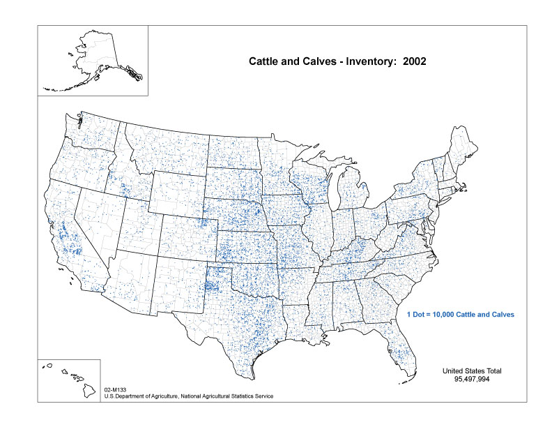 Figure 1.6: In this choropleth map, the distribution of cattle in the US in 2002 is shown. Areas that appear darker blue have a higher density of dots, which represent a group of 10,000 or more cattle. You can see that while we have a lot of cattle in Montana, they are not as densely concentrated as in Texas. Image from URL: http://www.nass.usda.gov/research/atlas02/