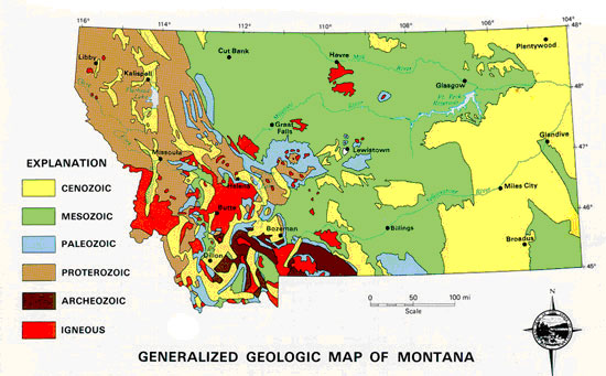 Figure 1.7: A geologic map is used by geologists to document geologic features below the earth’s surface. This map, produced by scientists at the Montana Bureau of Mines and Geology, shows the age or origin of major geologic deposits around Montana. Image from the Montana Bureau of Mines & Geology.