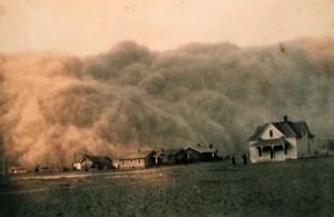 Figure 3.1: In this photo from the NOAA Photo Library, a dust storm approaches Stratford, Texas during the Dust Bowl of America's Great Plains in the 1930's. The loss of topsoil devestated the region. Image from URL: http://www.nasa.gov/centers/goddard/news/topstory/2004/0319dustbowl.html