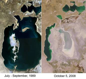 Figure 9.1: Diverting river water in 1918 to irrigate cotton fields in central Asia resulted in the reduction of the Aral Sea to 1/10th of its former size. Image from URL: http://earthobservatory.nasa.gov/