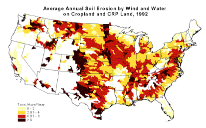 Figure 9.2: Average annual soil erosion on cropland in the U.S. by wind and water. Image from URL:http://www.epa.gov/agriculture/images/erosmap.gif